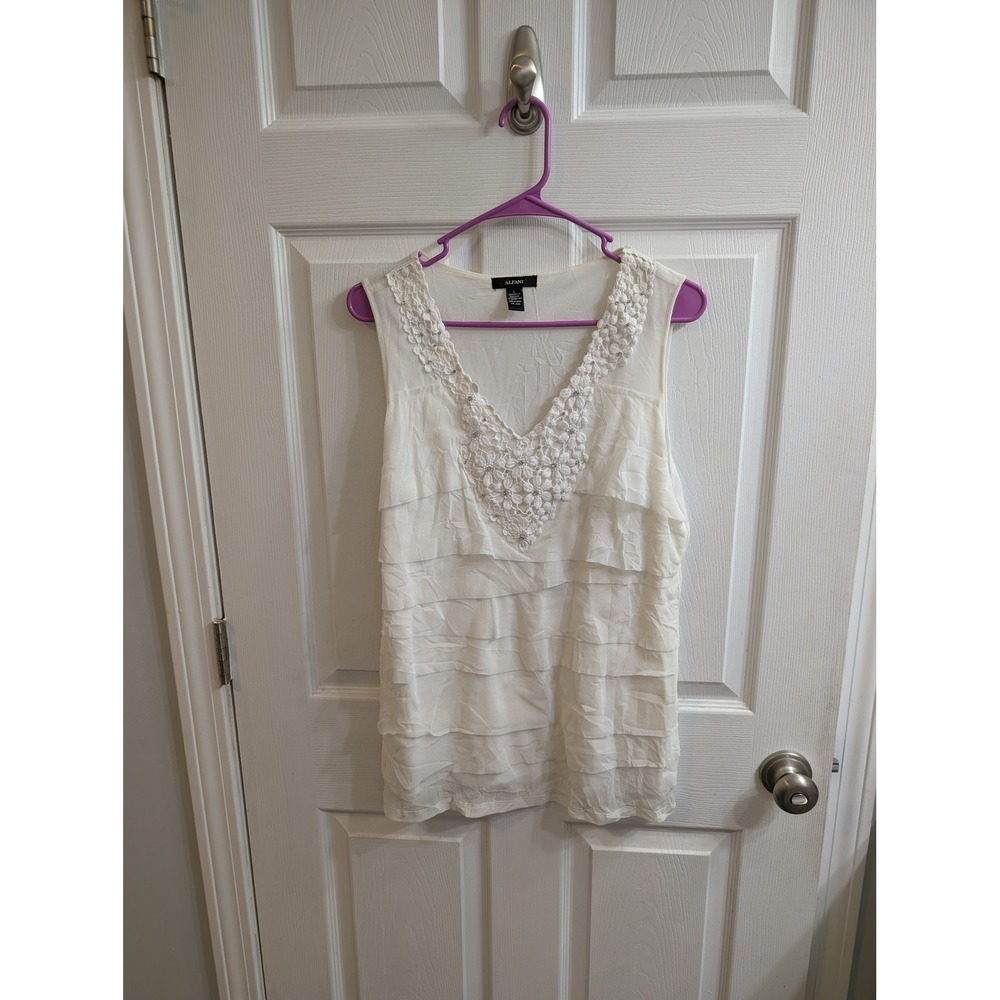 Alfani Ivory V Neck Ruffled Embellished Sleeveless Top Women's - Size L